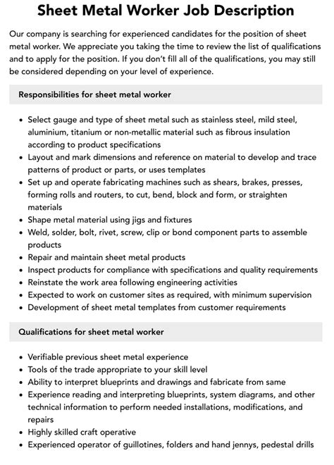 1st class sheet metal worker definition|sheet metal duties and responsibilities.